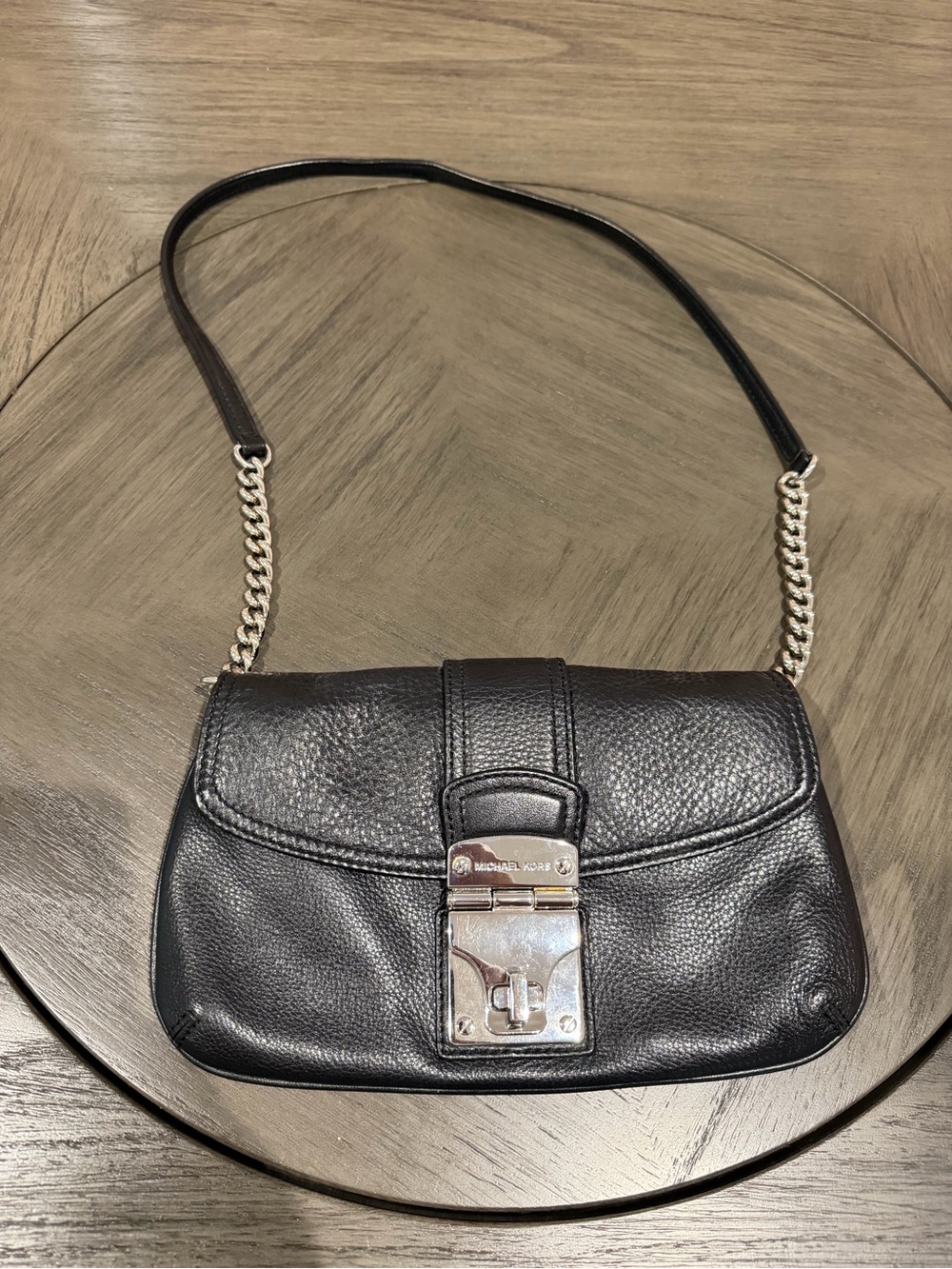 Michael Kors Black Leather Push Lock Chain Shoulder Bag Silver Hardware